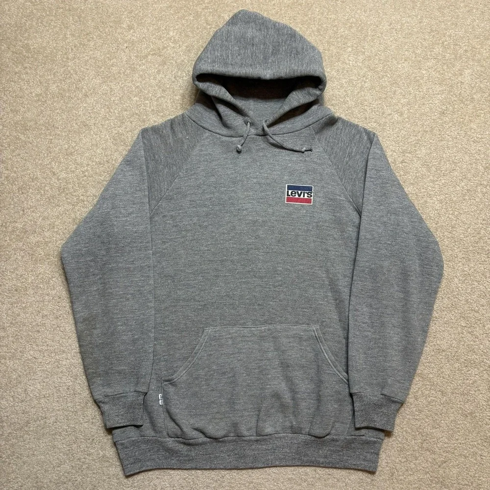 Vtg 80s Levi's Hoodie Sweatshirt Mens Medium Gray Made USA Chest Logo White Tab